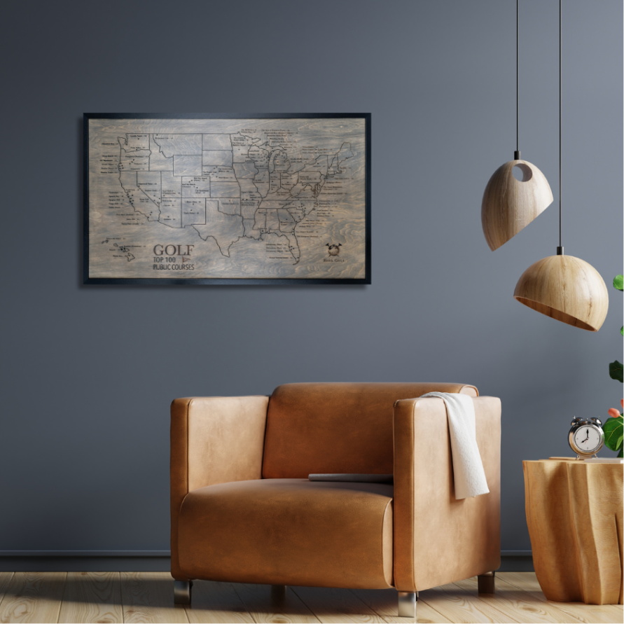 Centurion Map hanging on gray wall over a leather arm chair